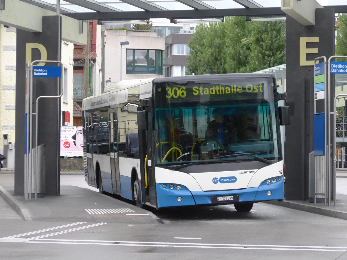 (164'983) - Limmat Bus, Dietikon - Nr. 42/ZH 378'399 - Neoplan (ex VBZ Zrich Nr. 262) am 17. September 2015 beim Bahnhof Dietikon