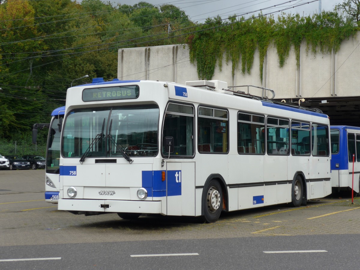 (165'075) - TL Lausanne - Nr. 758 - NAW/Lauber Trolleybus am 18. September 2015 in Lausanne, Dpt Borde