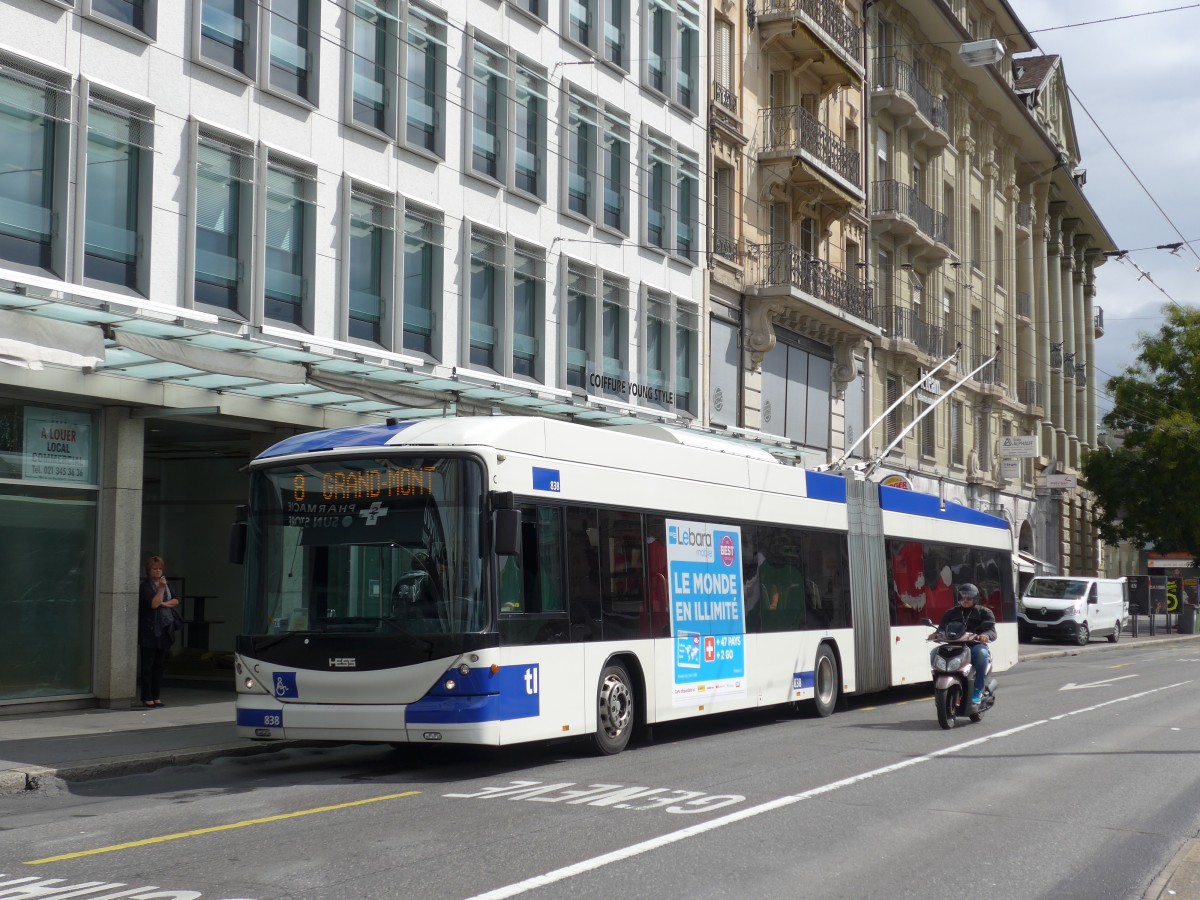 (165'119) - TL Lausanne - Nr. 838 - Hess/Hess Gelenktrolleybus am 18. September 2015 in Lausanne, Bel-Air
