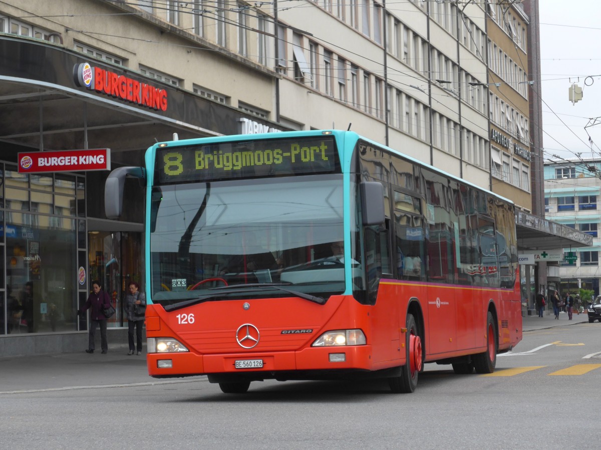 (166'400) - VB Biel - Nr. 126/BE 560'126 - Mercedes am 24. Oktober 2015 beim Bahnhof Biel