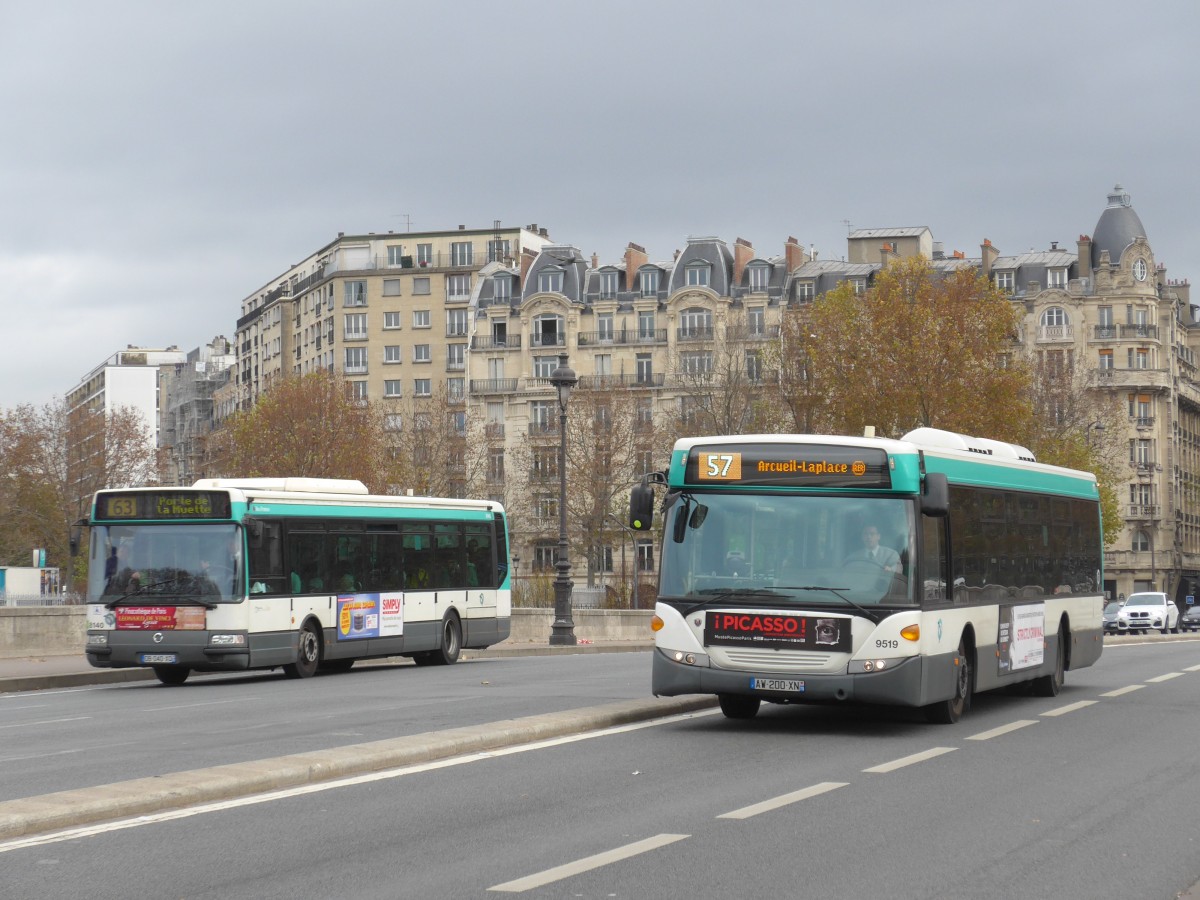 (166'838) - RATP Paris - Nr. 8140/DB 040 XD - Irisbus + Nr. 9519/AW 200 XN - Scania am 16. November 2015 in Paris, Gare d'Austerlitz