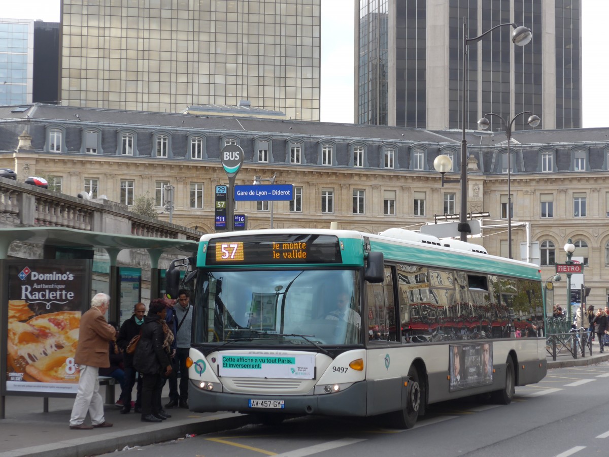 (167'381) - RATP Paris - Nr. 9497/AV 457 GY - Scania am 18. November 2015 in Paris, Gare de Lyon