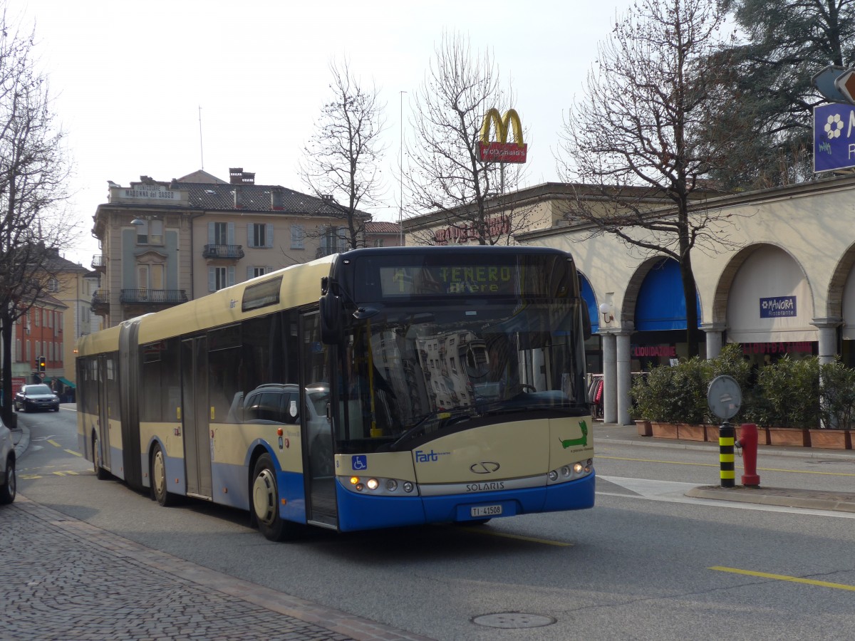 (168'633) - FART Locarno - Nr. 8/TI 41'508 - Solaris am 6. Februar 2016 beim Bahnhof Locarno