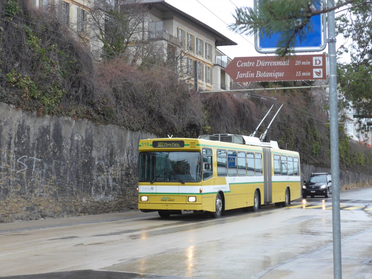 (168'784) - transN, La Chaux-de-Fonds - Nr. 119 - NAW/Hess Gelenktrolleybus (ex TN Neuchtel Nr. 119) am 20. Februar 2016 beim Bahnhof Neuchtel