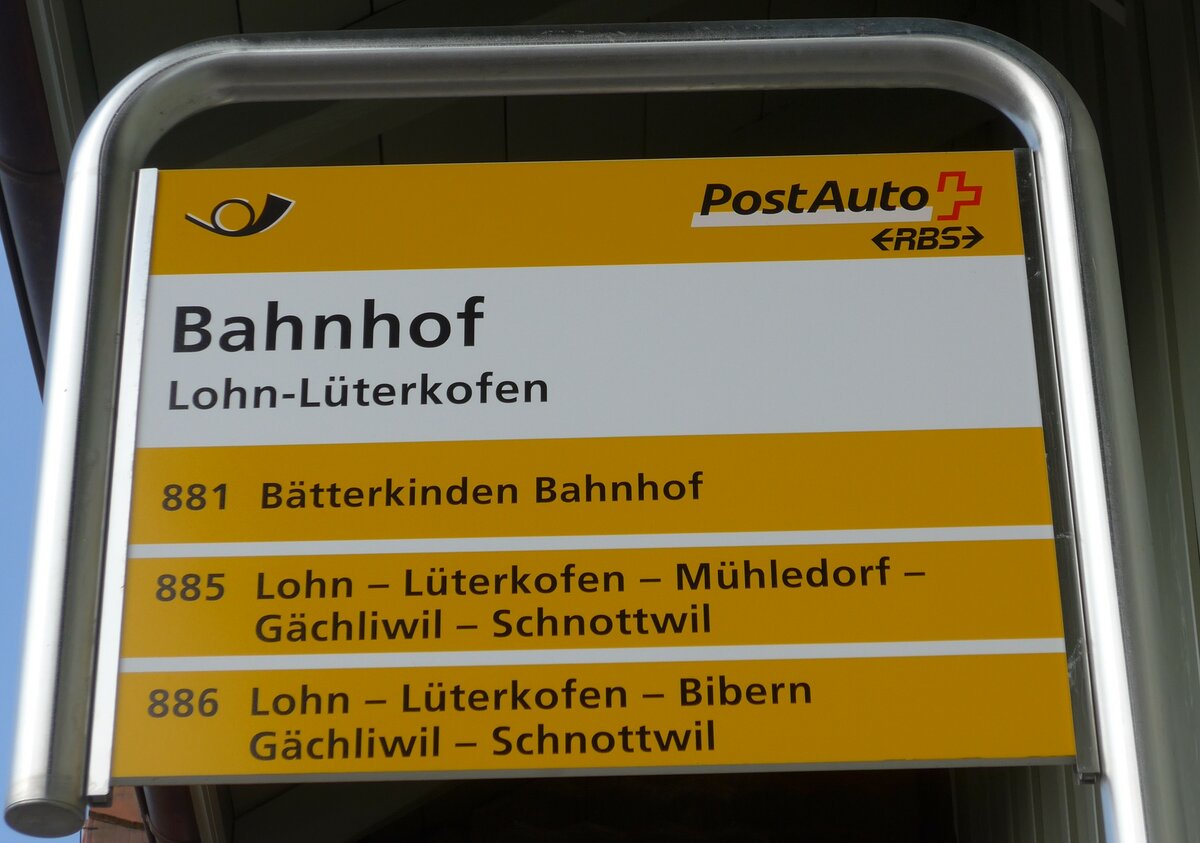 (169'406) - PostAuto-Haltestellenschild - Lohn-Lterkofen, Bahnhof - am 21. Mrz 2016