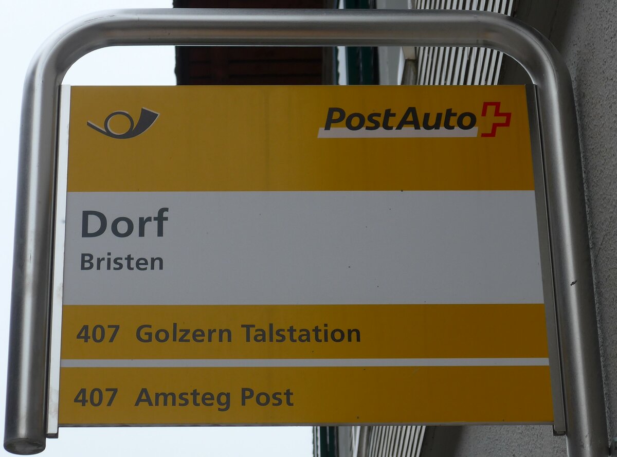 (169'450) - PostAuto-Haltestellenschild - Bristen, Dorf - am 25. Mrz 2016