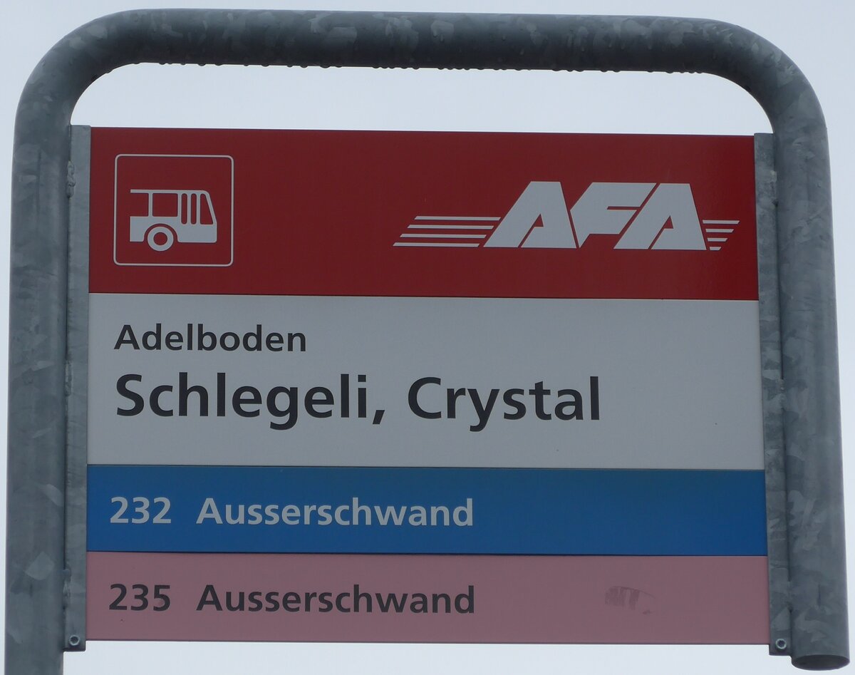 (169'522) - AFA-Haltestellenschild - Adelboden, Schlegeli, Crystal - am 27. Mrz 2016