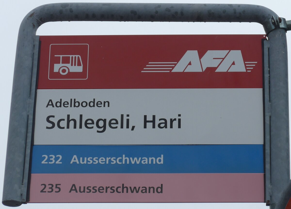 (169'524) - AFA-Haltestellenschild - Adelboden, Schlegeli, Hari - am 27. Mrz 2016