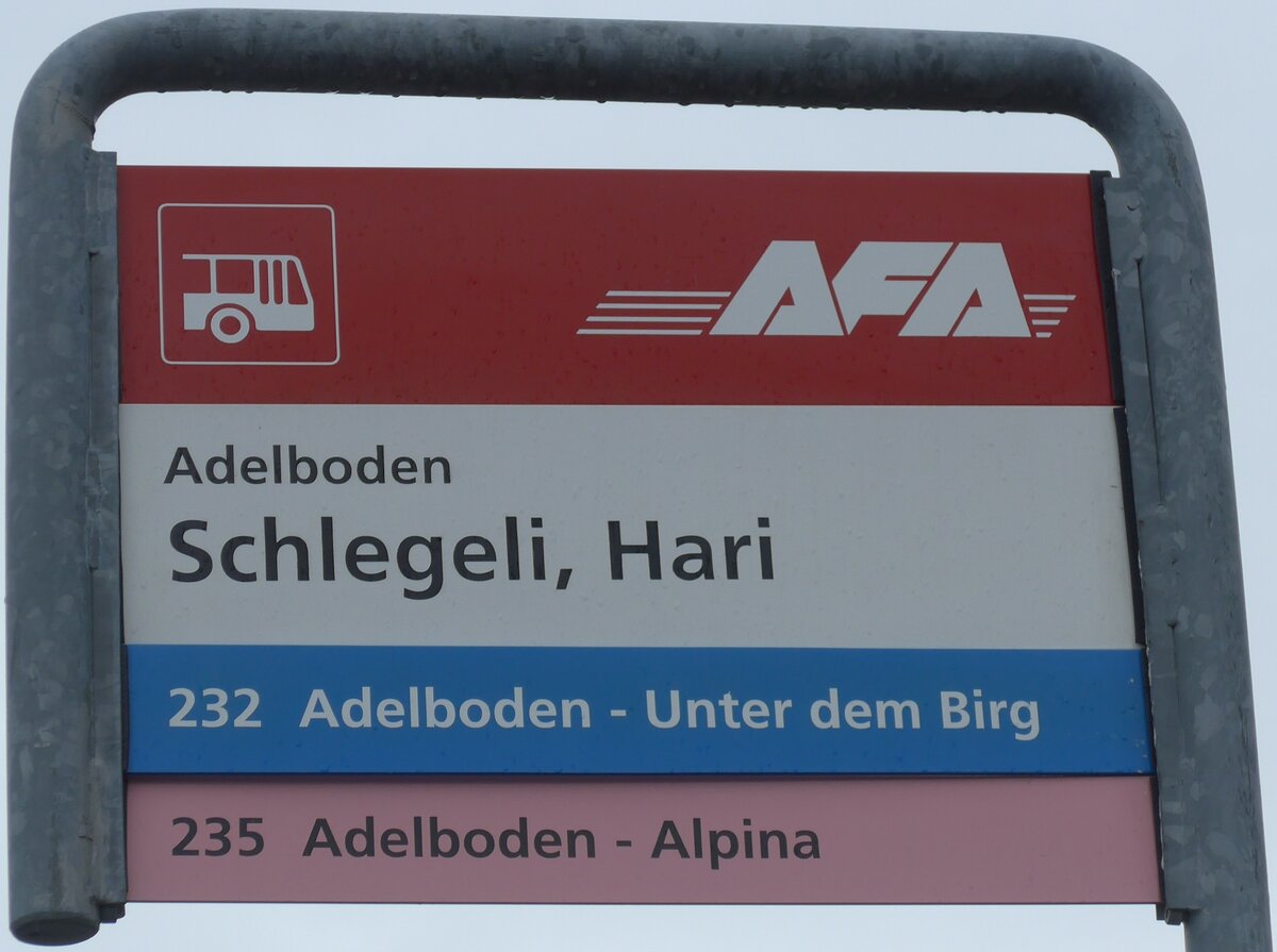 (169'525) - AFA-Haltestellenschild - Adelboden, Schlegeli, Hari - am 27. Mrz 2016