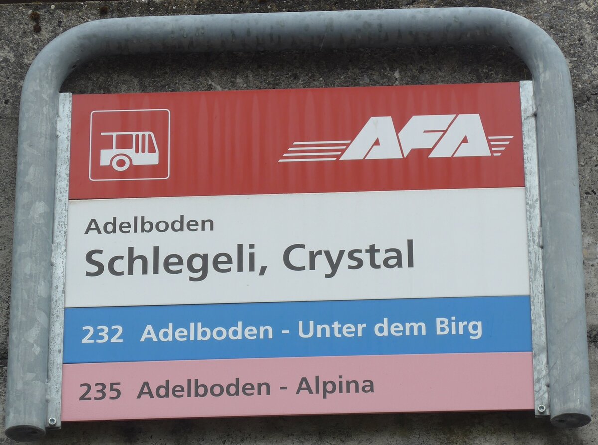 (169'526) - AFA-Haltestellenschild - Adelboden, Schlegeli, Crystal - am 27. Mrz 2016