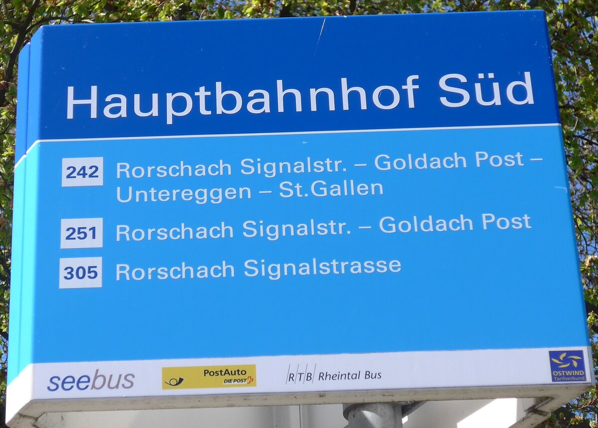 (169'944) - seebus/PostAuto/RTB-Haltestellenschild - Rorschach, Hauptbahnhof Sd - am 12. April 2016