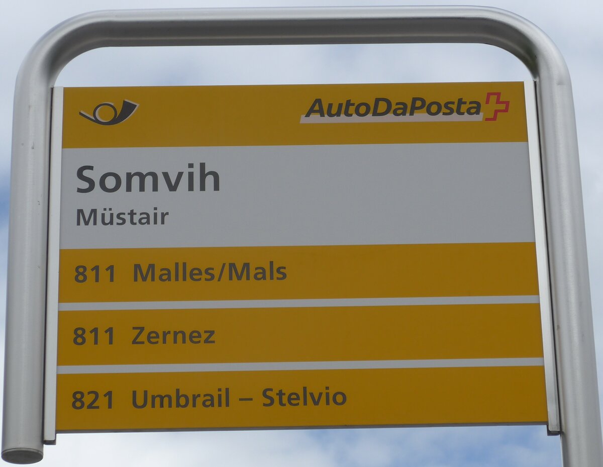 (170'903) - PostAuto-Haltestellenschild - Mstair, Somvih - am 16. Mai 2016