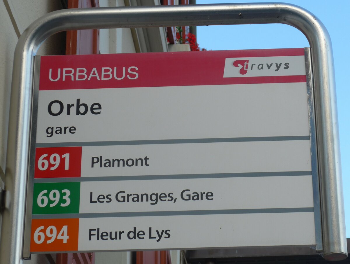 (173'013) - URBABUS/travys-Haltestellenschild - Orbe, gare - am 15. Juli 2016