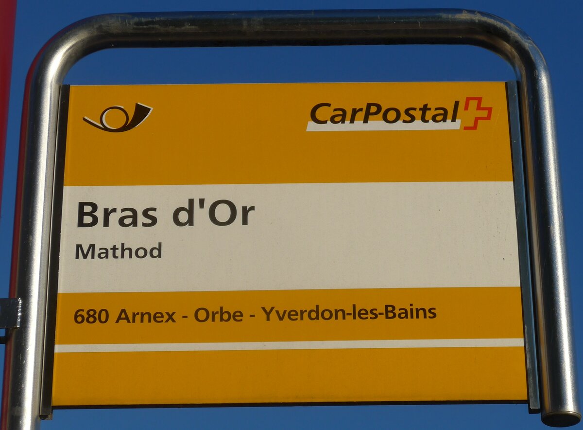 (173'108) - PostAuto-Haltestellenschild - Mathod, Bras d'Or - am 18. Juli 2016