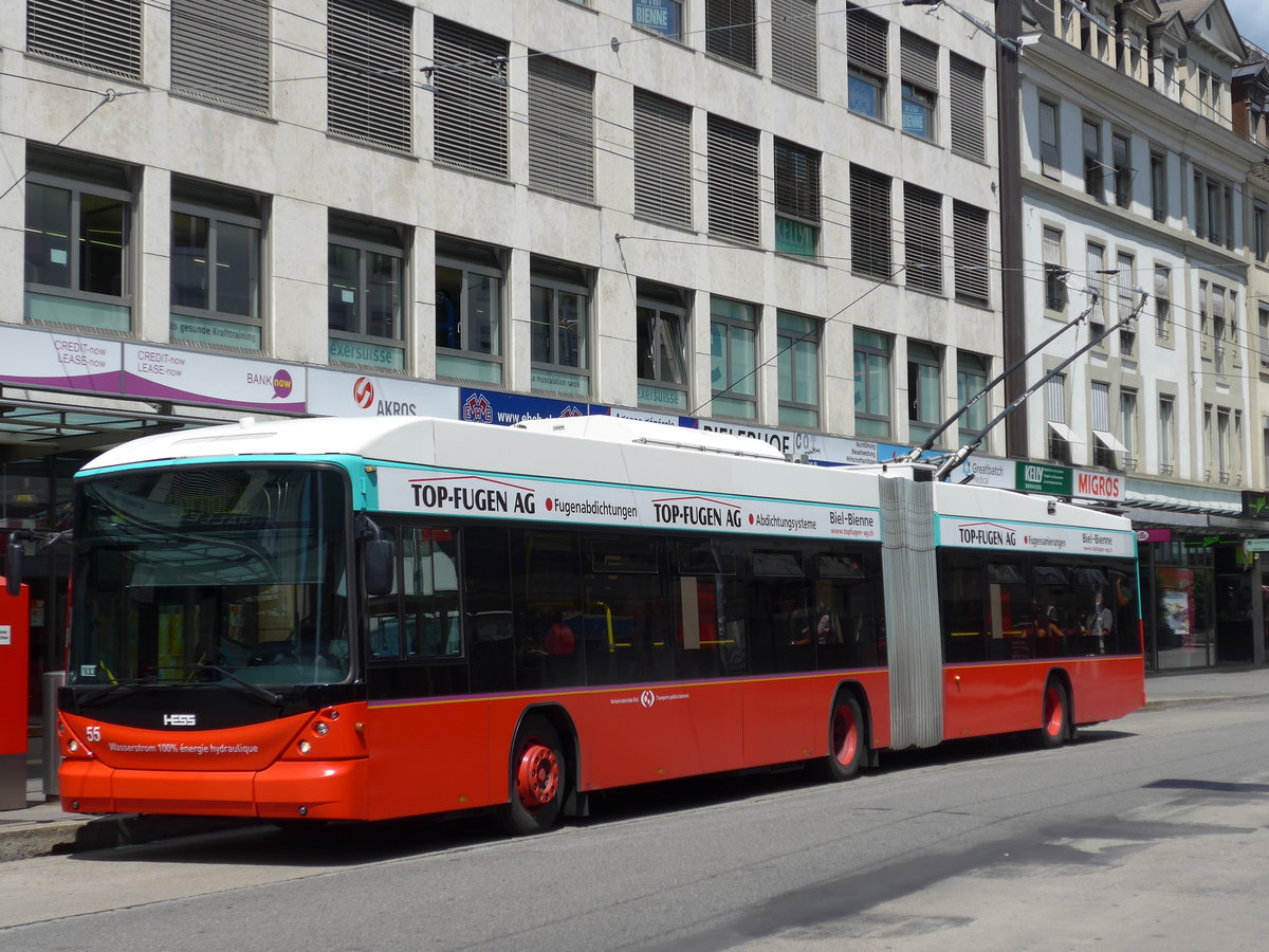 (173'581) - VB Biel - Nr. 55 - Hess/Hess Gelenktrolleybus am 1. August 2016 in Biel, Guisanplatz