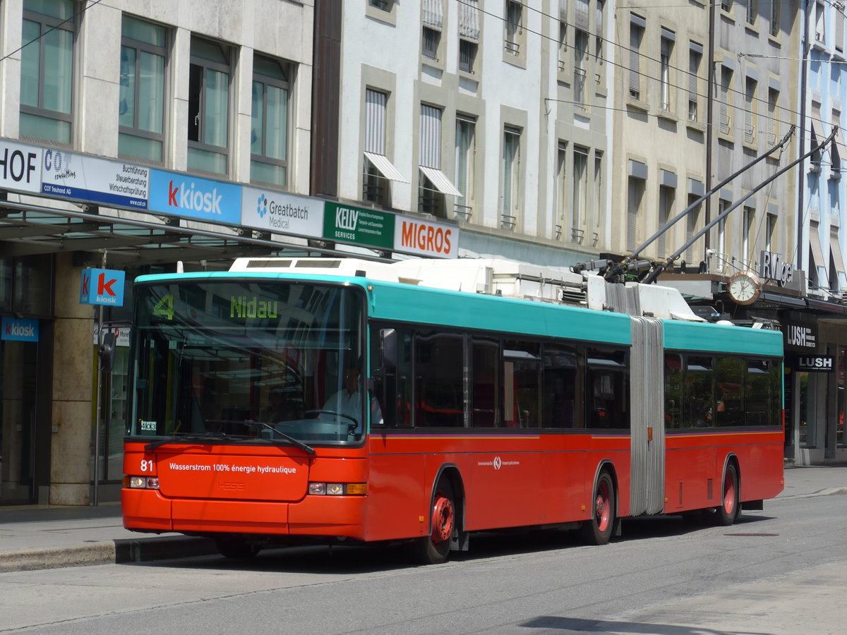 (173'586) - VB Biel - Nr. 81 - NAW/Hess Gelenktrolleybus am 1. August 2016 in Biel, Guisanplatz