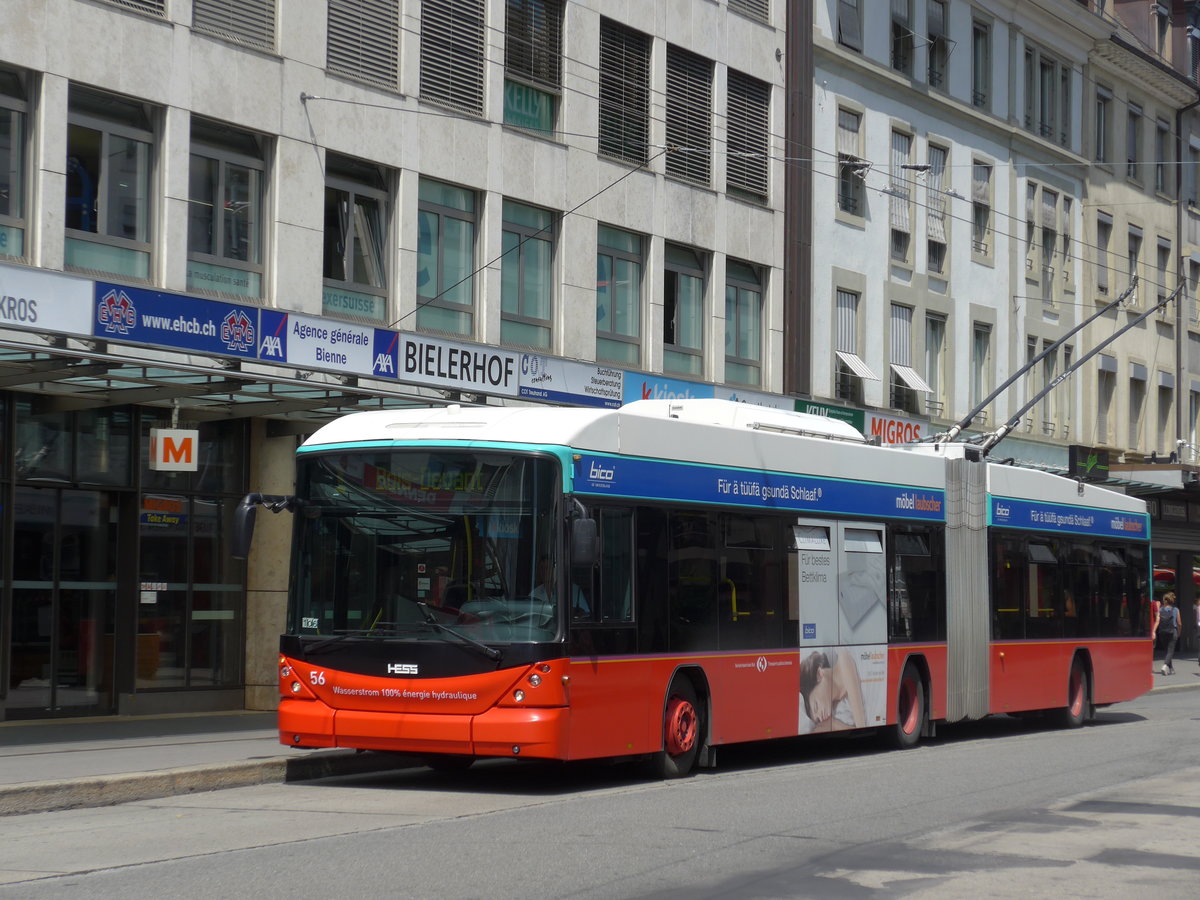 (173'595) - VB Biel - Nr. 56 - Hess/Hess Gelenktrolleybus am 1. August 2016 in Biel, Guisanplatz
