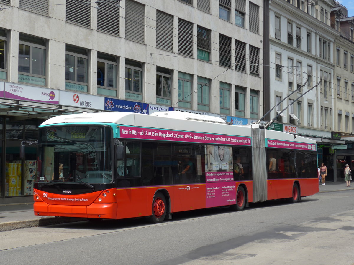 (173'602) - VB Biel - Nr. 59 - Hess/Hess Gelenktrolleybus am 1. August 2016 in Biel, Guisanplatz