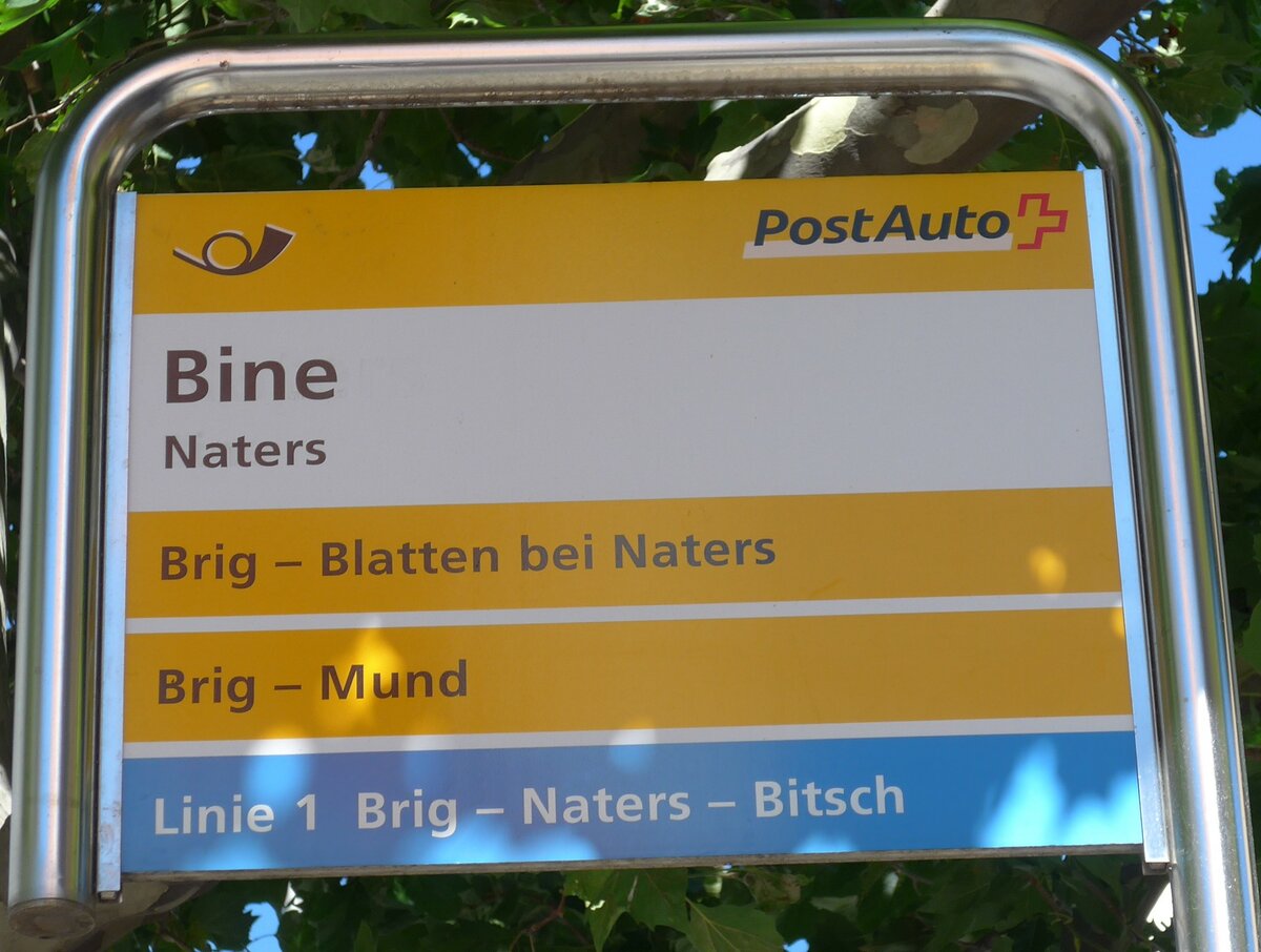 (173'677) - PostAuto/ORtSBUS-Haltestellenschild - Naters, Bine - am 7. August 2016