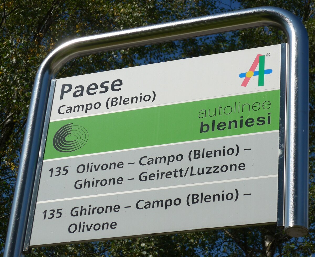 (174'674) - autolinee bleniesi-Haltestellenschild - Campo (Blenio), Paese - am 10. September 2016