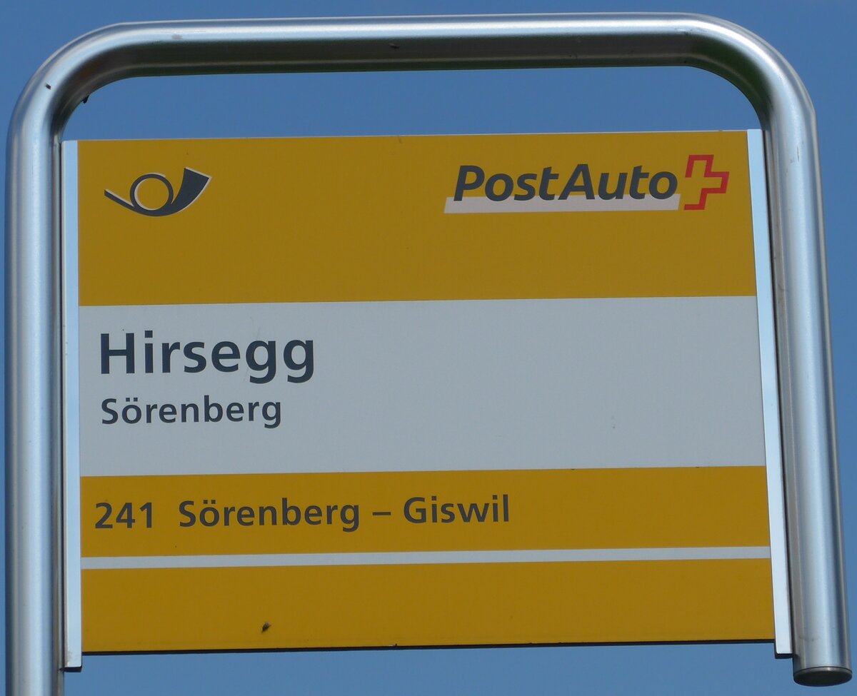 (174'866) - PostAuto-Haltestellenschild - Srenberg, Hirsegg - am 11. September 2016