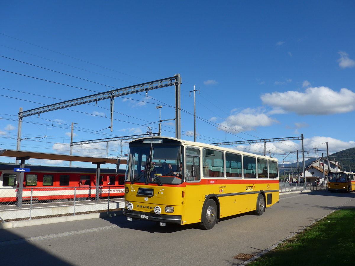 (175'398) - Fssler, Unteriberg - Nr. 6/SZ 5232 - Saurer/R&J (ex Schrch, Gutenburg Nr. 6; ex P 24'358) am 2. Oktober 2016 beim Bahnhof Glovelier
