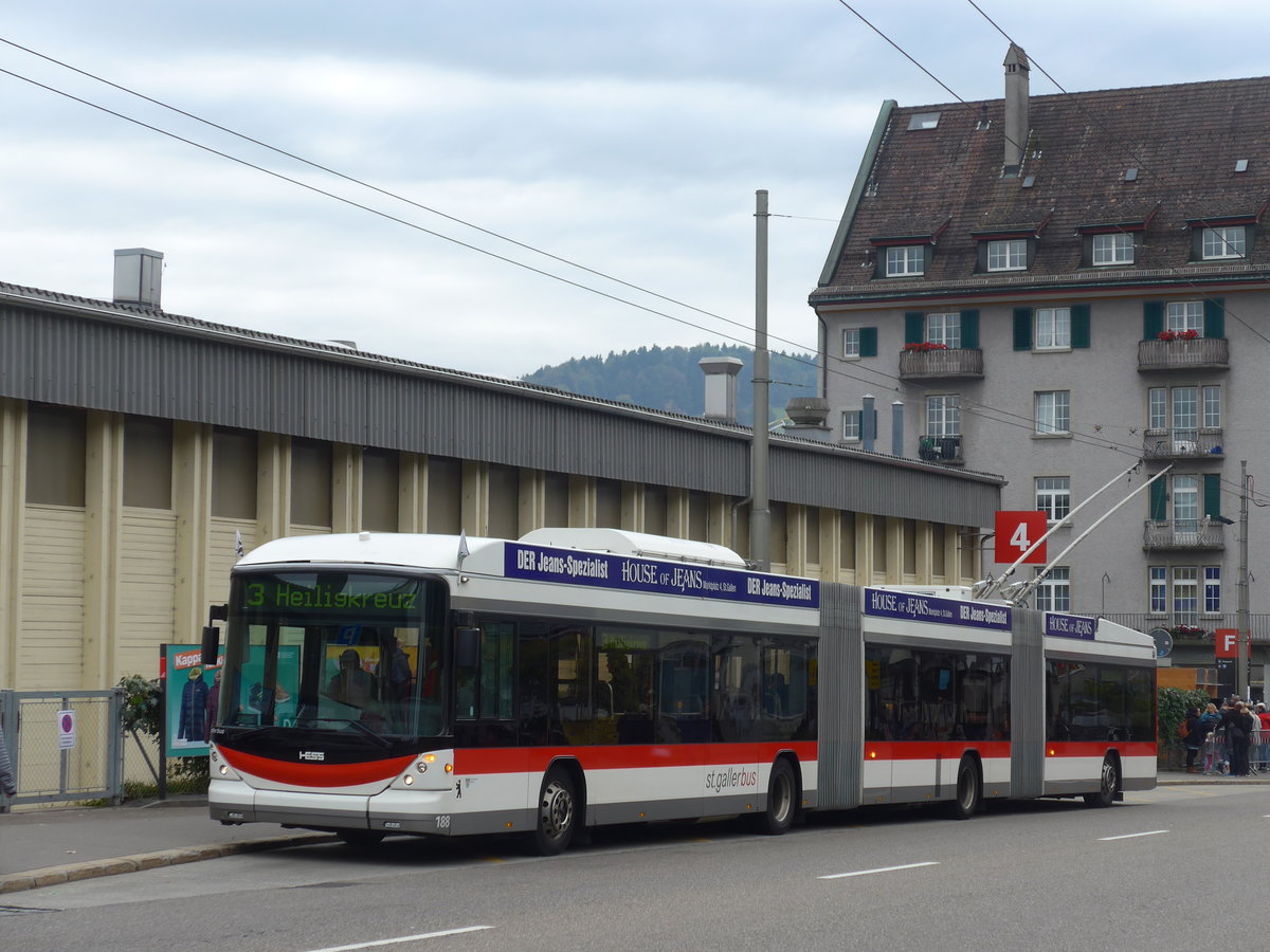 (175'623) - St. Gallerbus, St. Gallen - Nr. 188 - Hess/Hess Doppelgelenktrolleybus am 15. Oktober 2016 in St. Gallen, OLMA