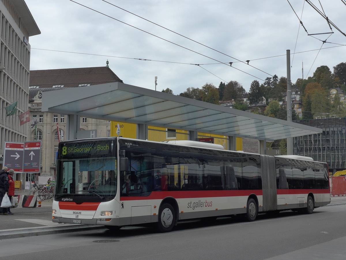 (175'673) - St. Gallerbus, St. Gallen - Nr. 274/SG 198'274 - MAN am 15. oktober 2016 beim Bahnhof St. Gallen