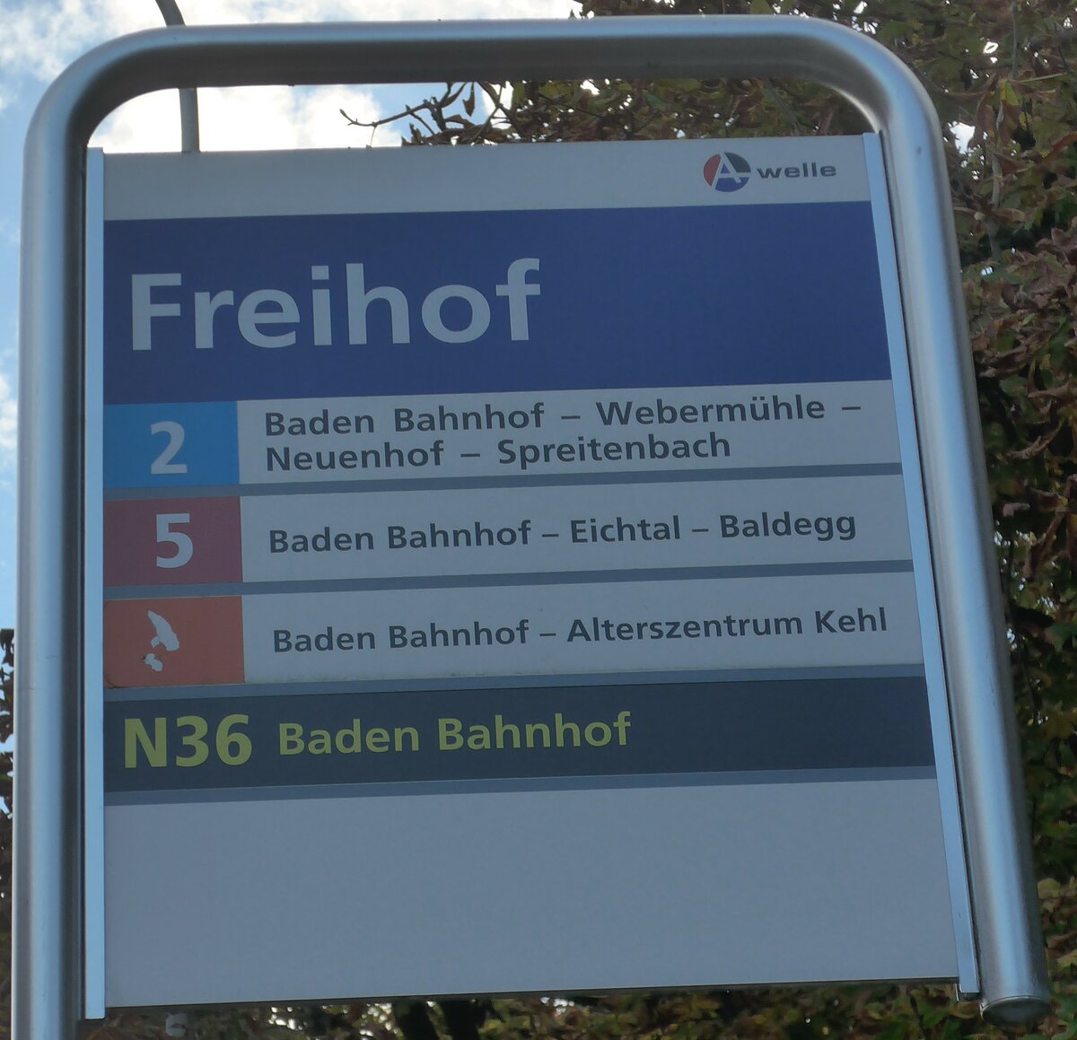 (176'258) - A-welle-Haltestellenschild - Baden, Freihof - am 22. Oktober 2016