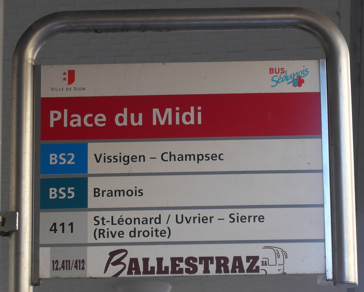 (176'599) - BUS Sdunois/BALLESTRAZ-Haltestellenschild - Sion, Place du Midi - am 12. November 2016