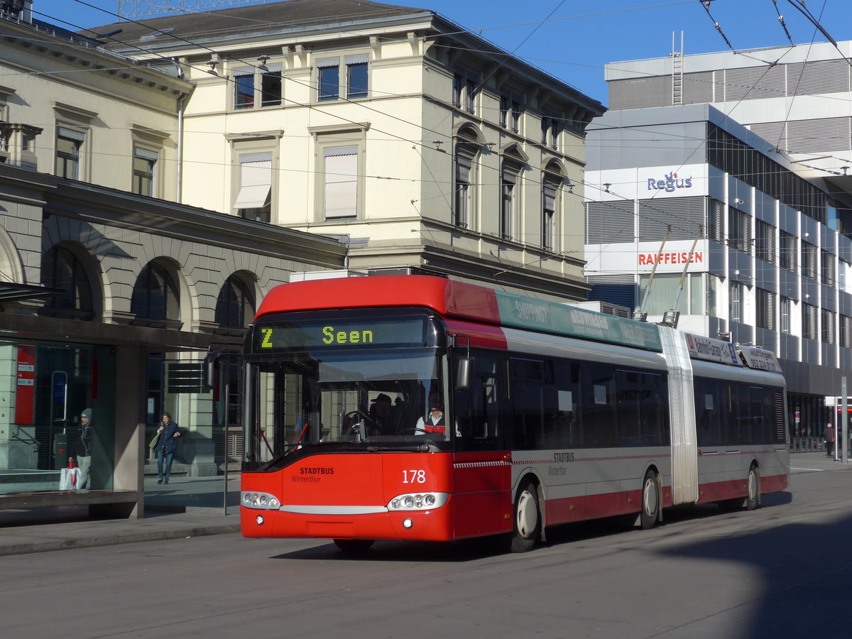 (176'786) - SW Winterthur - Nr. 178 - Solaris Gelenktrolleybus am 28. November 2016 beim Hauptbahnhof Winterthur