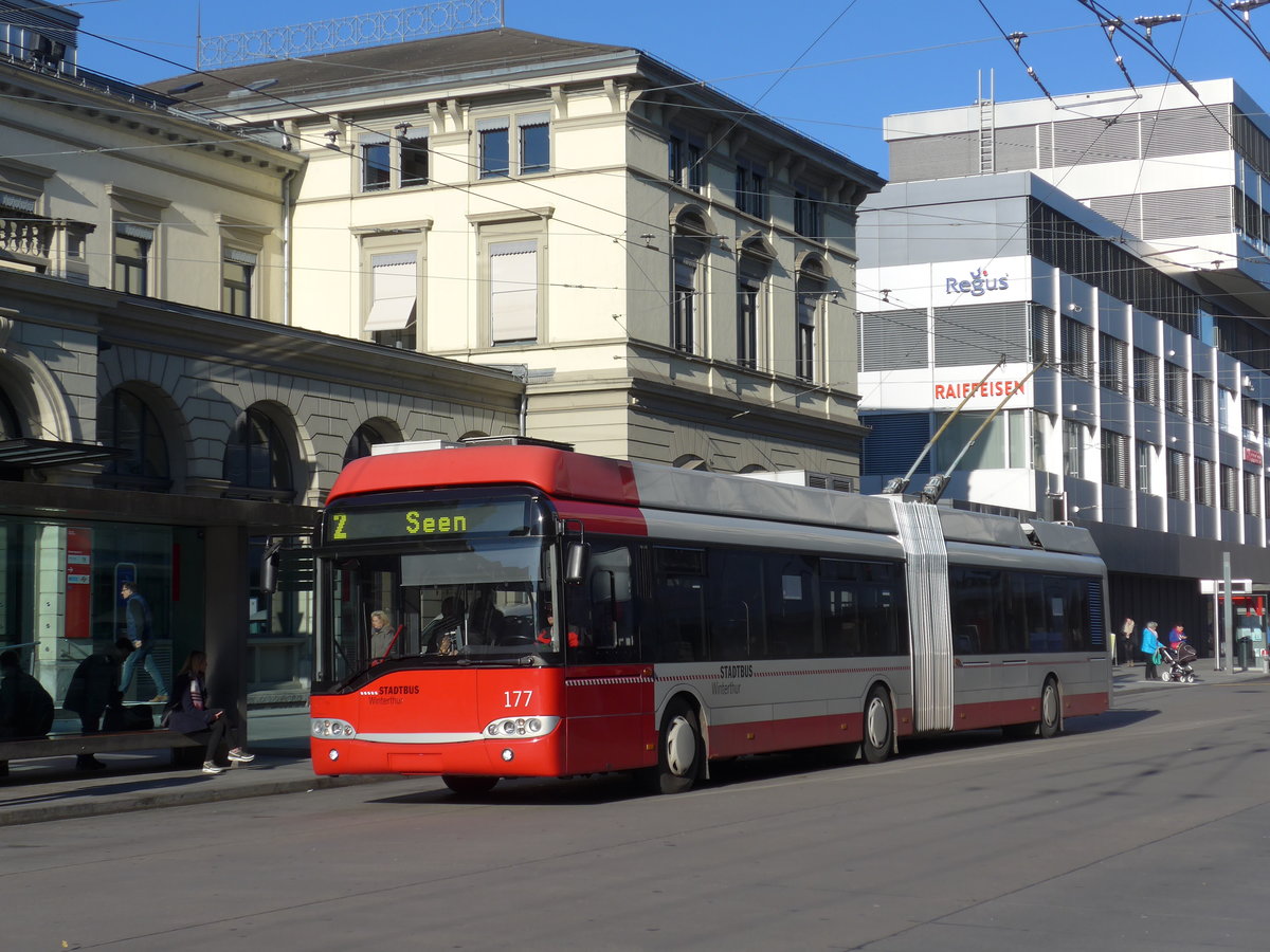 (176'793) - SW Winterthur - Nr. 177 - Solaris Gelenktrolleybus am 28. November 2016 beim Hauptbahnhof Winterthur