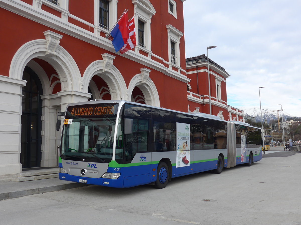 (178'273) - TPL Lugano - Nr. 431/TI 165'831 - Mercedes am 7. Februar 2017 beim Bahnhof Lugano