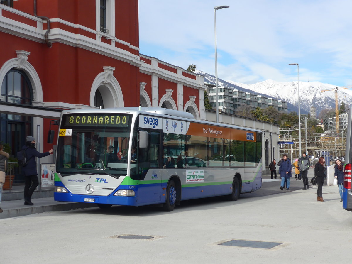 (178'338) - TPL Lugano - Nr. 315/TI 309'039 - Mercedes (ex Nr. 14) am 7. Februar 2017 beim Bahnhof Lugano