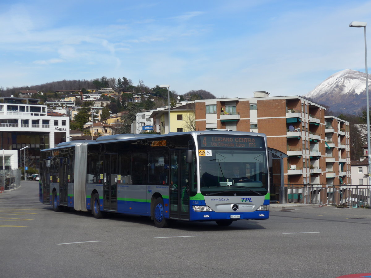 (178'355) - TPL Lugano - Nr. 431/TI 165'831 - Mercedes am 7. Februar 2017 beim Bahnhof Lugano