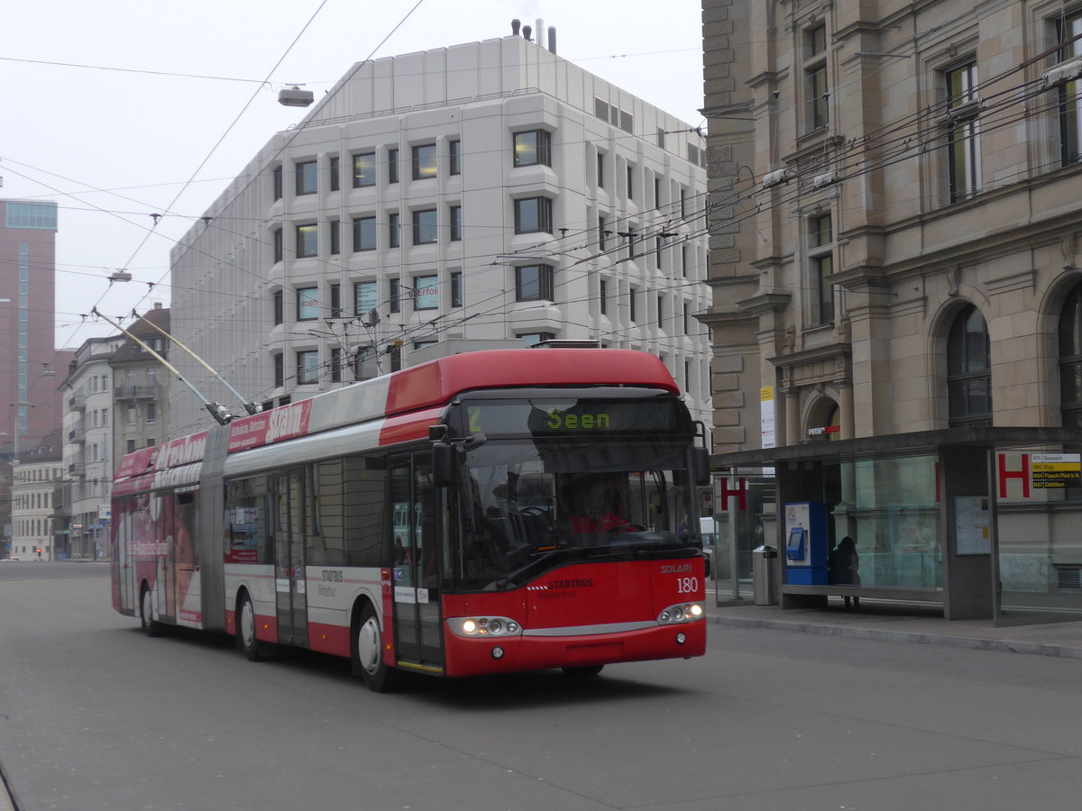 (178'442) - SW Winterthur - Nr. 180 - Solaris Gelenktrolleybus am 10. Februar 2017 beim Hauptbahnhof Winterthur