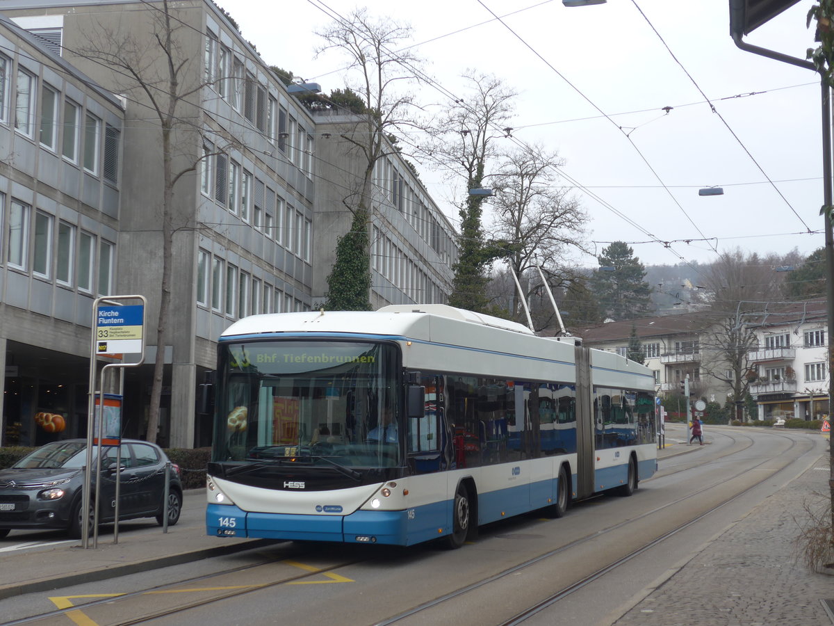 (178'493) - VBZ Zrich - Nr. 145 - Hess/Hess Gelenktrolleybus am 10. Feburar 2017 in Zrich, Kirche Fluntern