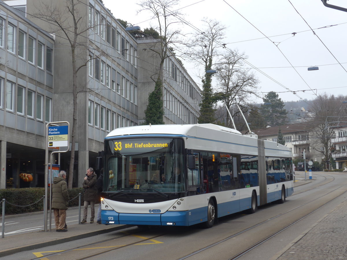 (178'495) - VBZ Zrich - Nr. 173 - Hess/Hess Gelenktrolleybus am 10. Februar 2017 in Zrich, Kirche Fluntern