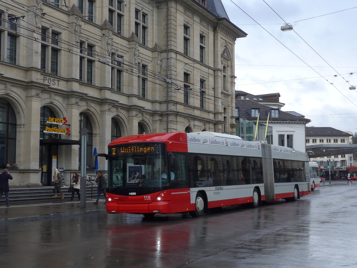 (178'533) - SW Winterthur - Nr. 118 - Hess/Hess Gelenktrolleybus am 17. Februar 2017 beim Hauptbahnhof Winterthur