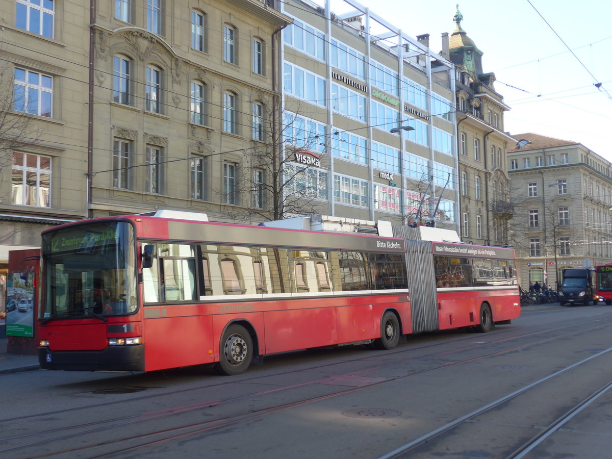 (178'684) - Bernmobil, Bern - Nr. 1 - NAW/Hess Gelenktrolleybus am 20. Februar 2017 beim Bahnhof Bern