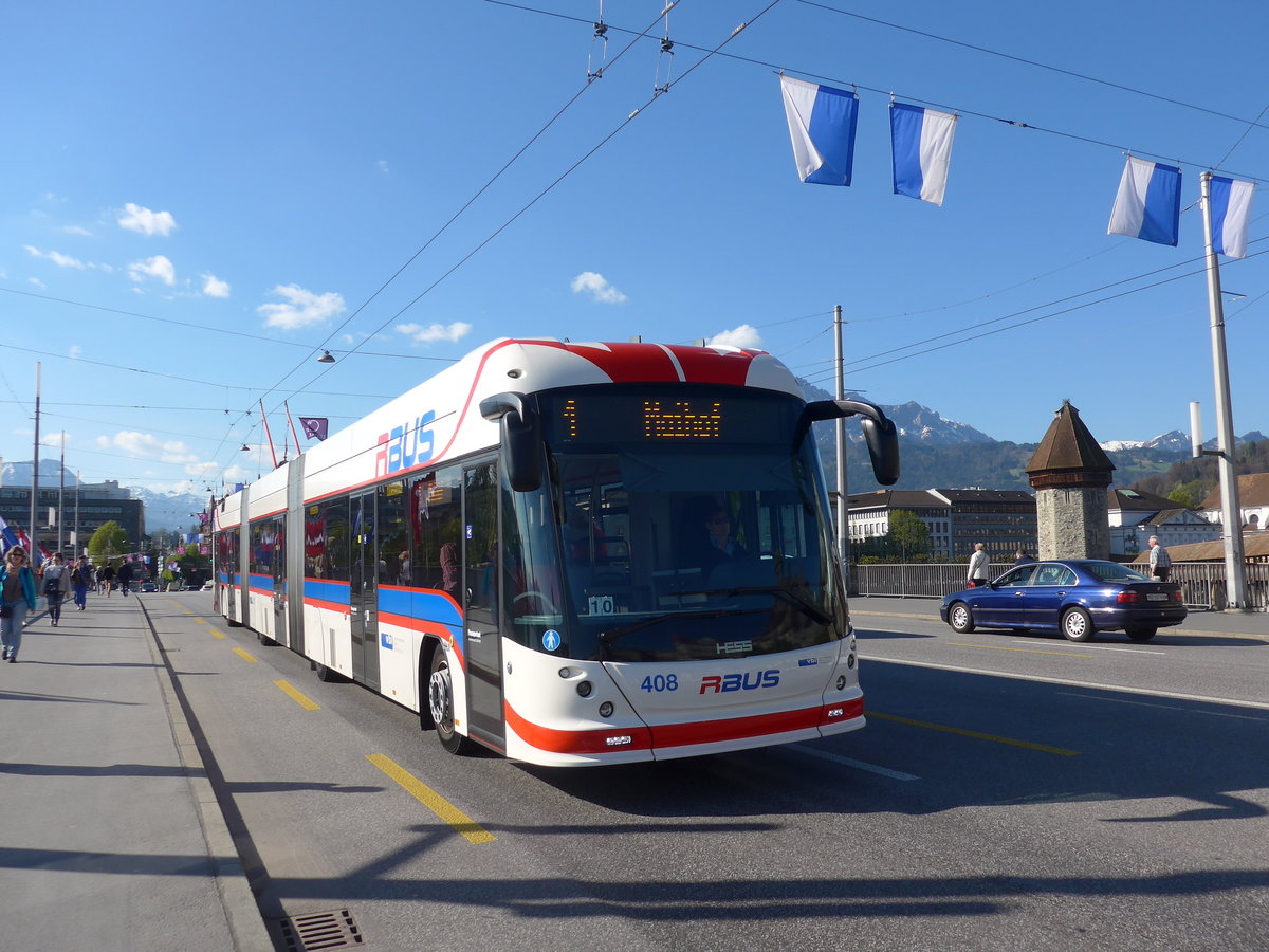 (179'418) - VBL Luzern - Nr. 408 - Hess/Hess Doppelgelenktrolleybus am 10. April 2017 in Luzern, Bahnhofbrcke
