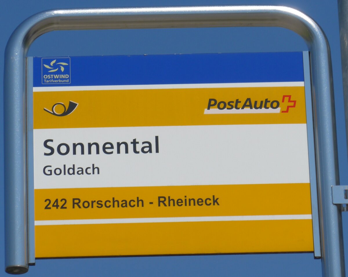 (180'379) - PostAuto-Haltestellenschild - Goldach, Sonnental - am 22. Mai 2017