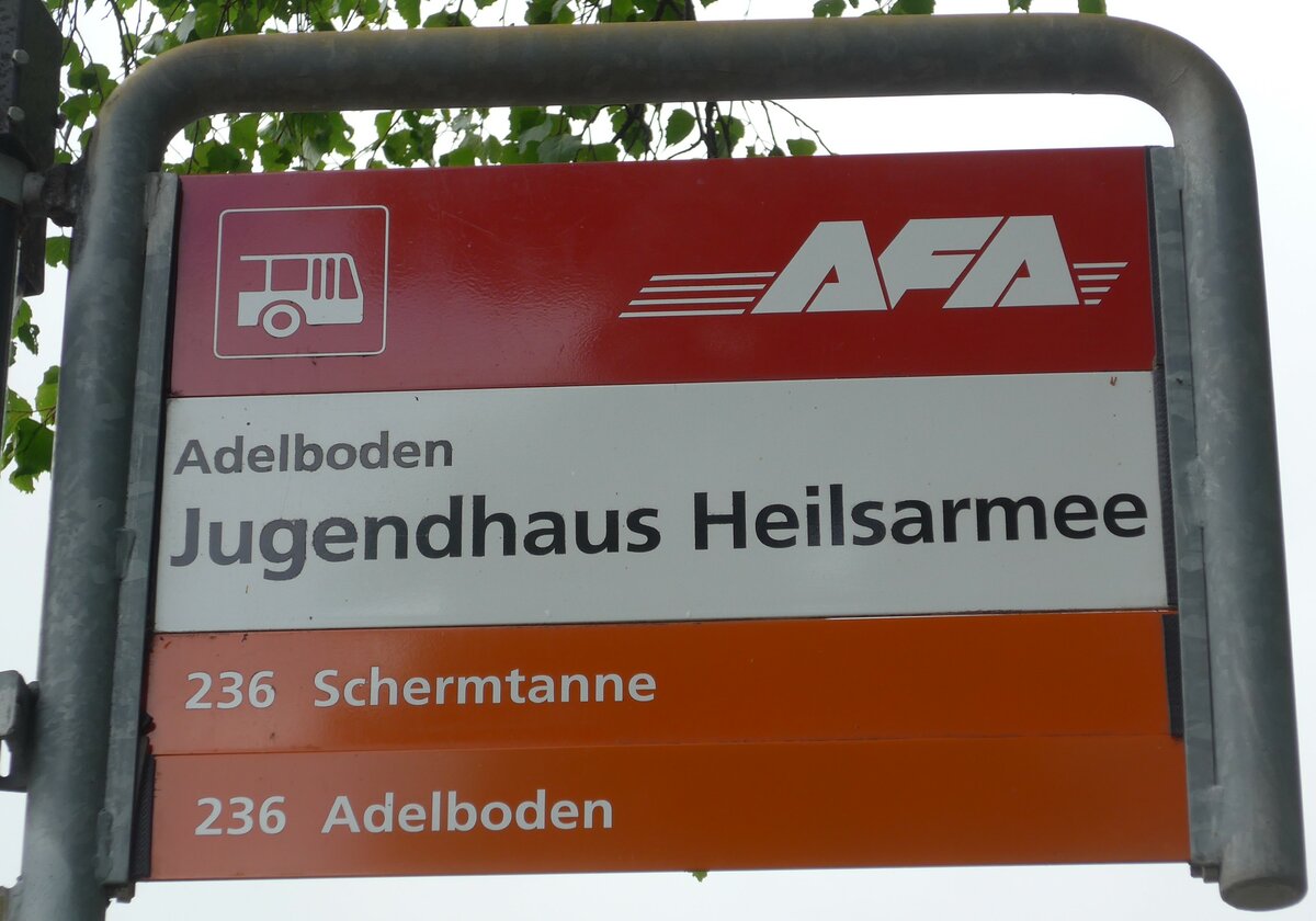 (180'960) - AFA-Haltestellenschild - Adelboden, Jugendhaus Heilsarmee - am 4. Juni 2017