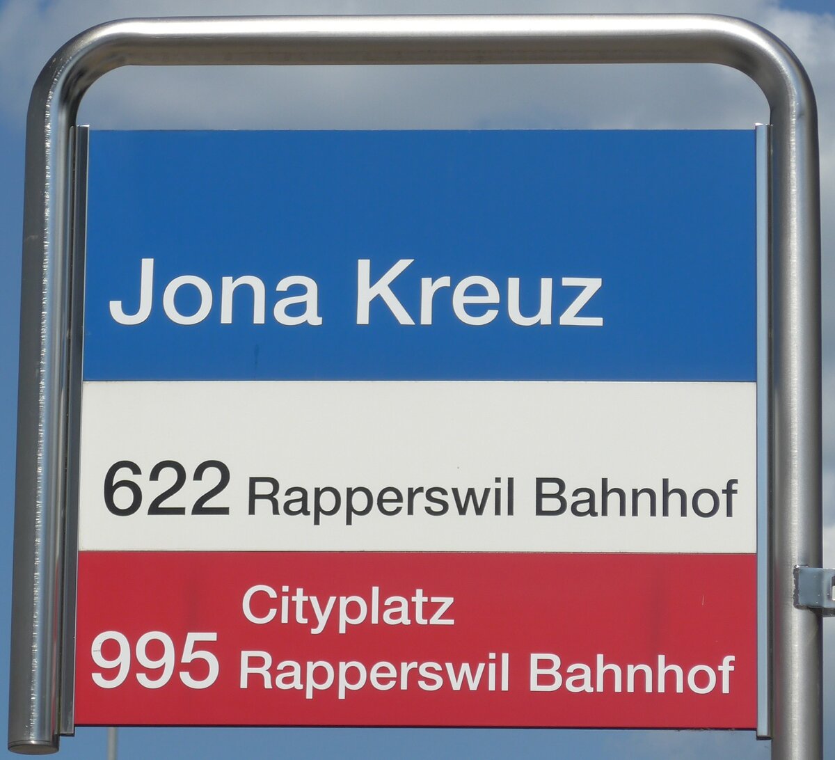 (181'128) - ZVV/RJ-Haltestellenschild - Jona, Kreuz - am 15. Juni 2017