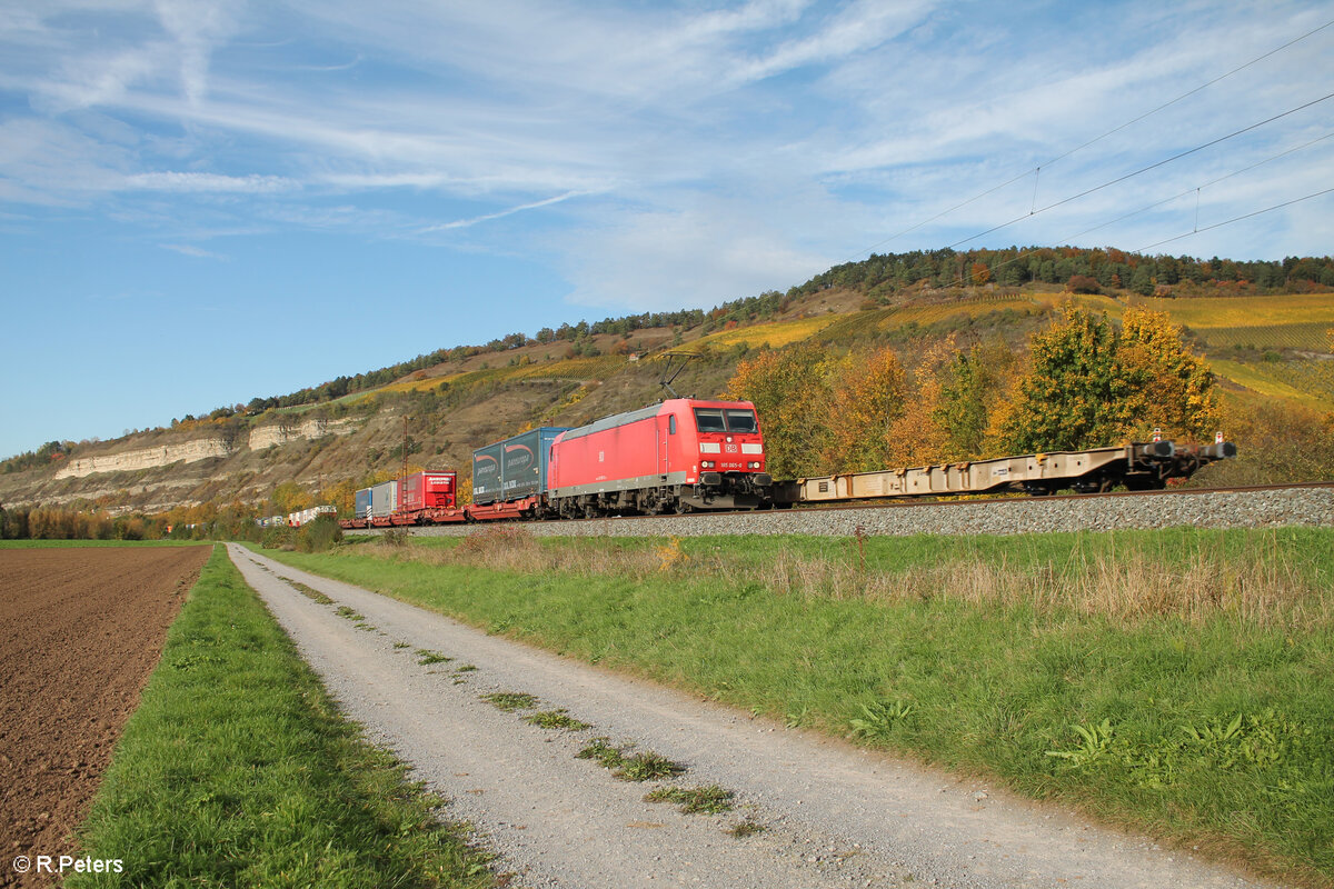 185 065-0 zieht ein Wechselpritschenzug Panneuropa/Terratrans bei Thüngersheim. 21.10.24