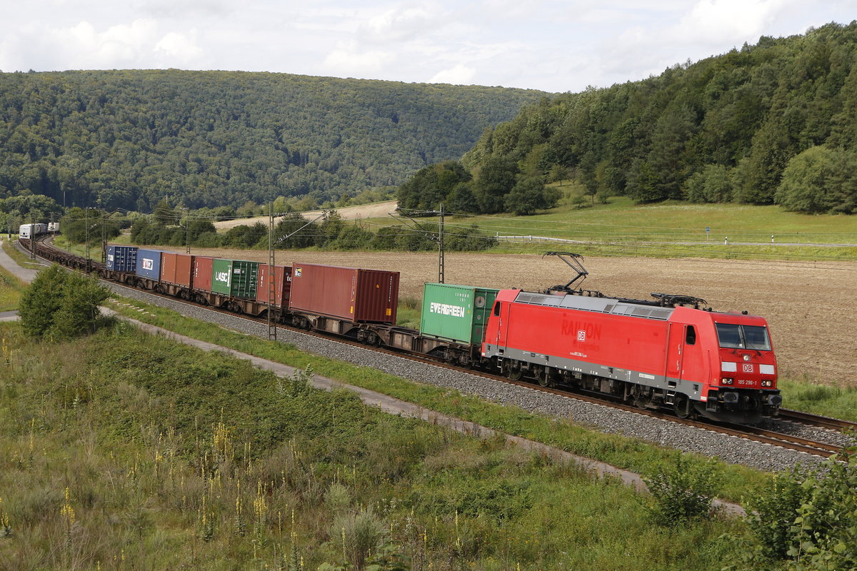 185 296-1 war mit einem Containerzug am 18. August 2017 bei Harrbach in Richtung Wrzburg unterwegs.