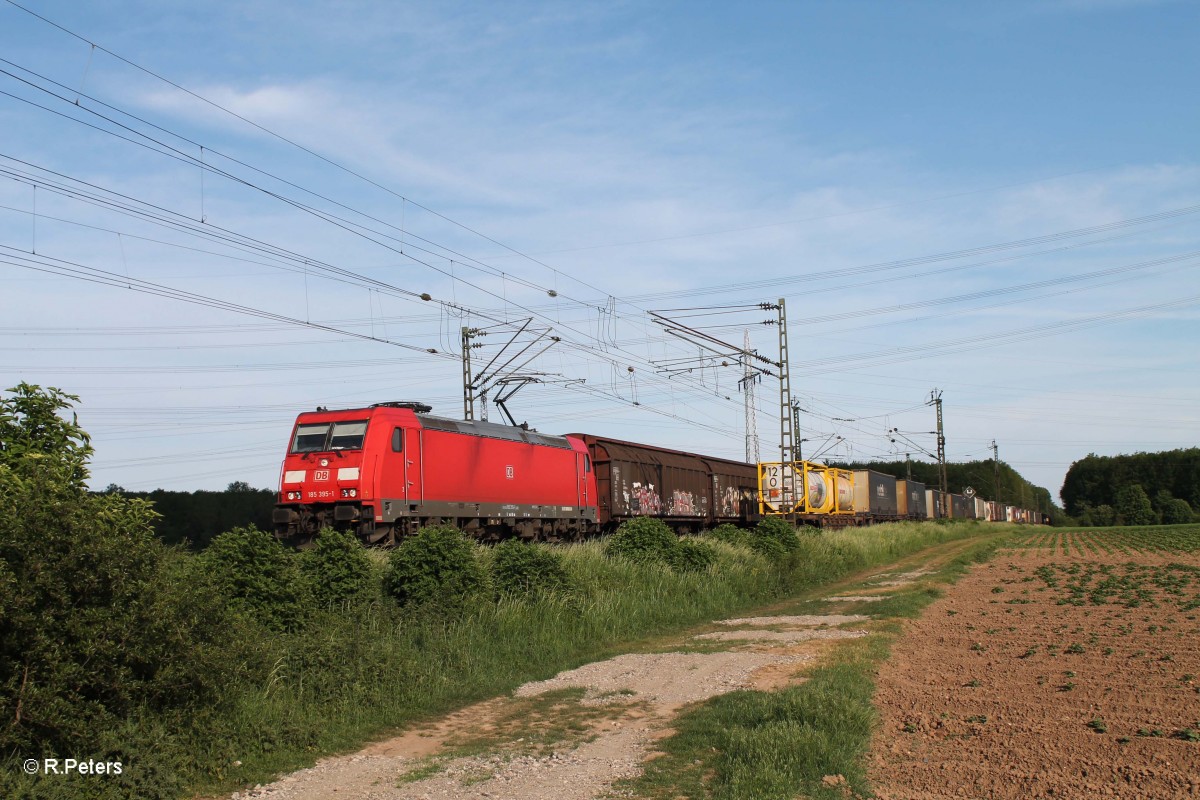 185 395-1 zieht bei der Netztrennstelle Mainz/Bischofsheim einen gemischten G�terzug. 15.05.15