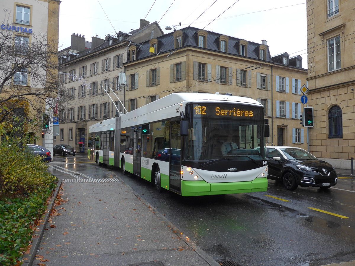 (186'615) - transN, La Chaux-de-Fonds - Nr. 145 - Hess/Hess Gelenktrolleybus (ex TN Neuchtel Nr. 145) am 25. November 2017 in Neuchtel, Place Pury