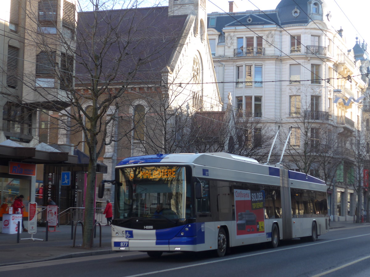 (187'143) - TL Lausanne - Nr. 877 - Hess/Hess Gelenktrolleybus am 23. Dezember 2017 in Lausanne, Chauderon