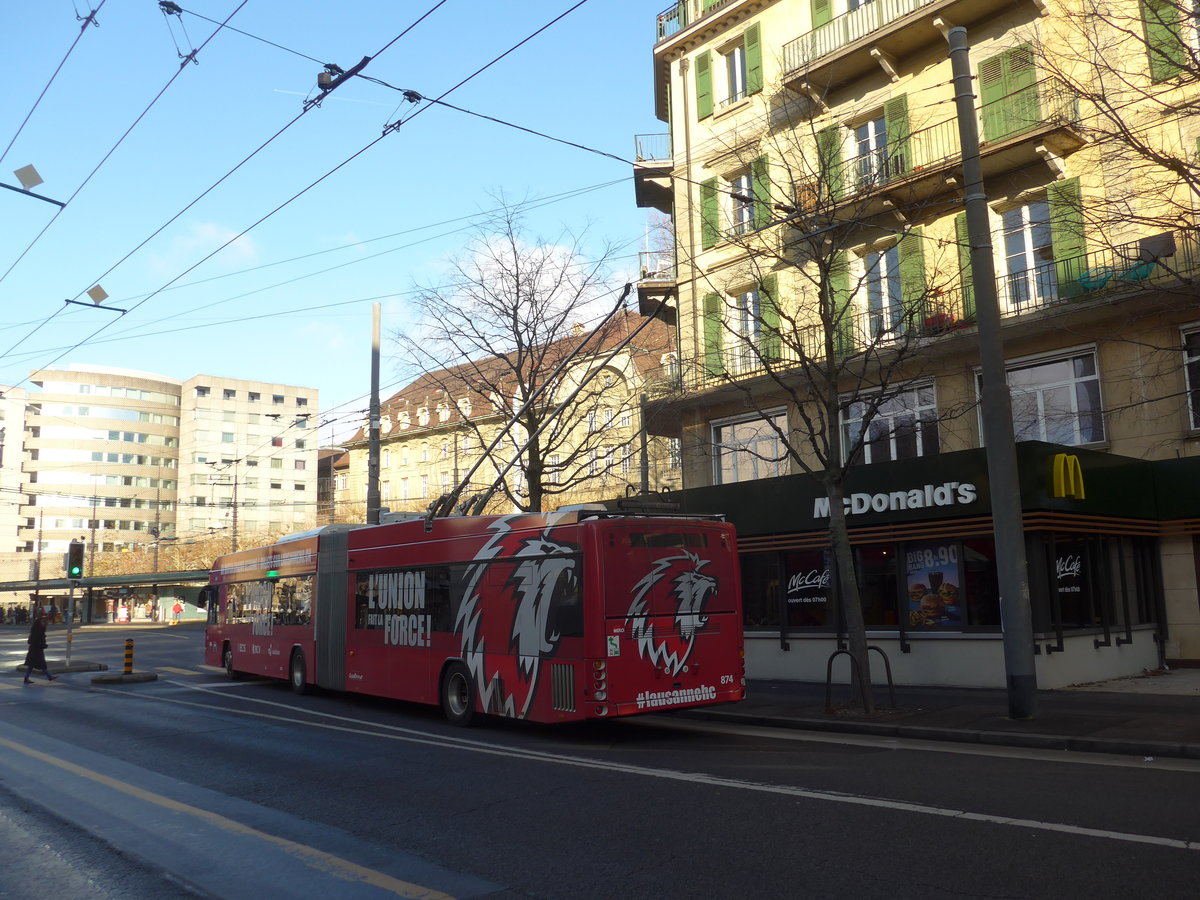 (187'145) - TL Lausanne - Nr. 874 - Hess/Hess Gelenktrolleybus am 23. Dezember 2017 in Lausanne, Chauderon